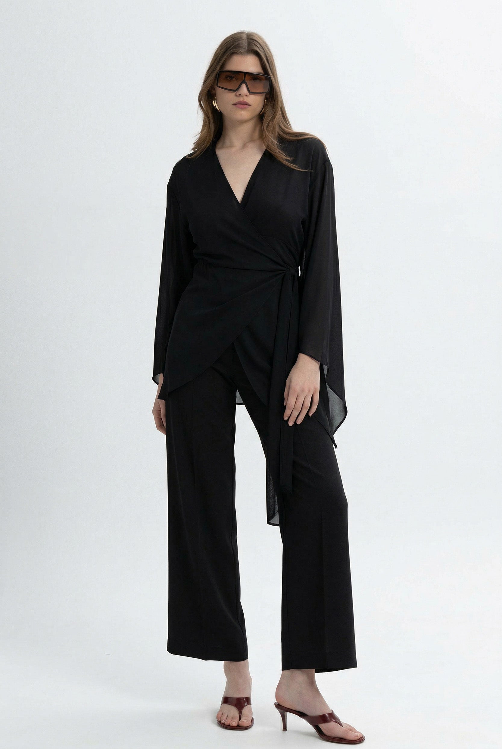 MYT kimono wrap dress with long sleeves featuring a Nano Banana pattern, stylish and comfortable for casual wear.