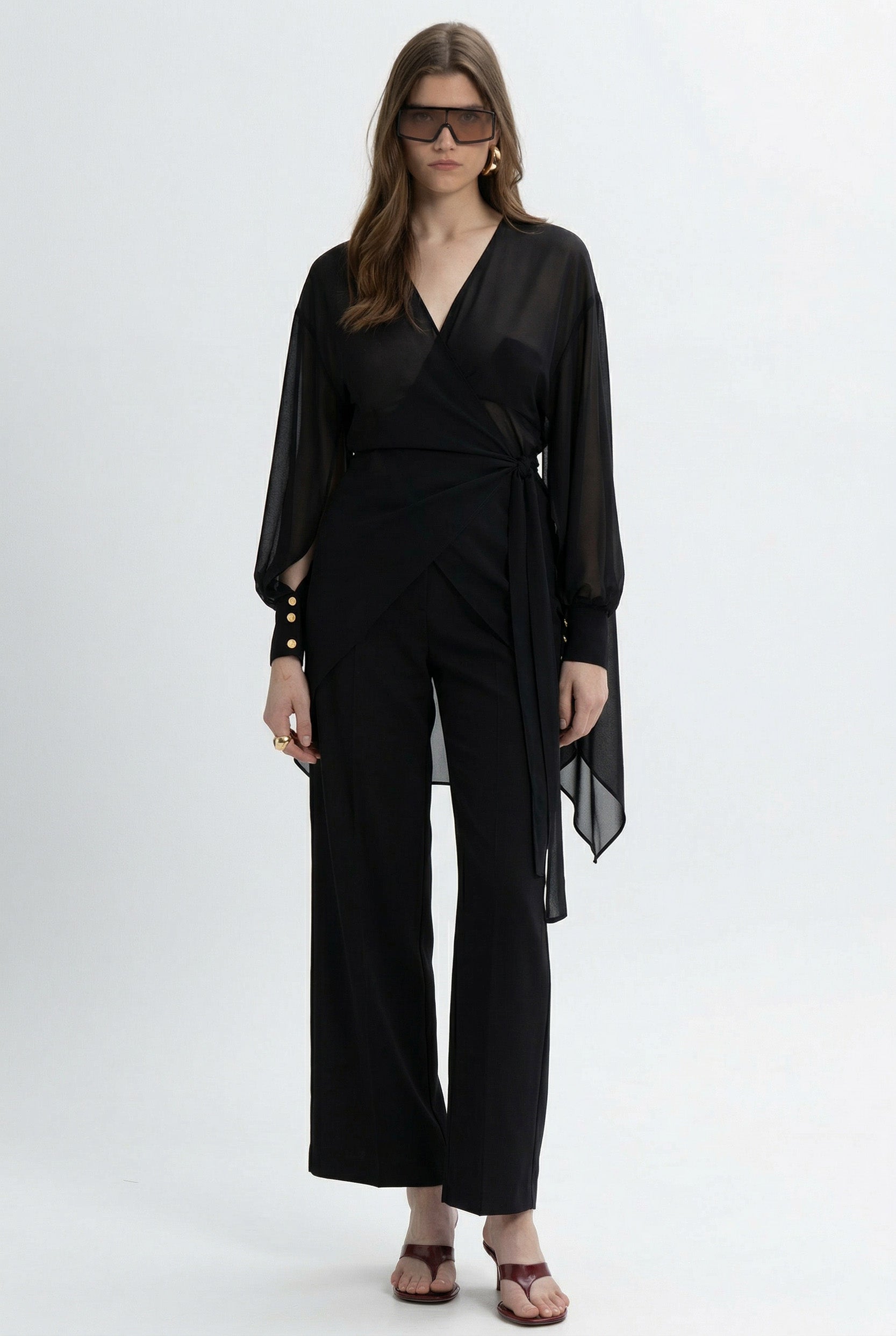 MYT kimono wrap dress with long sleeves featuring a Nano Banana pattern, displayed in a colorful recolor version.