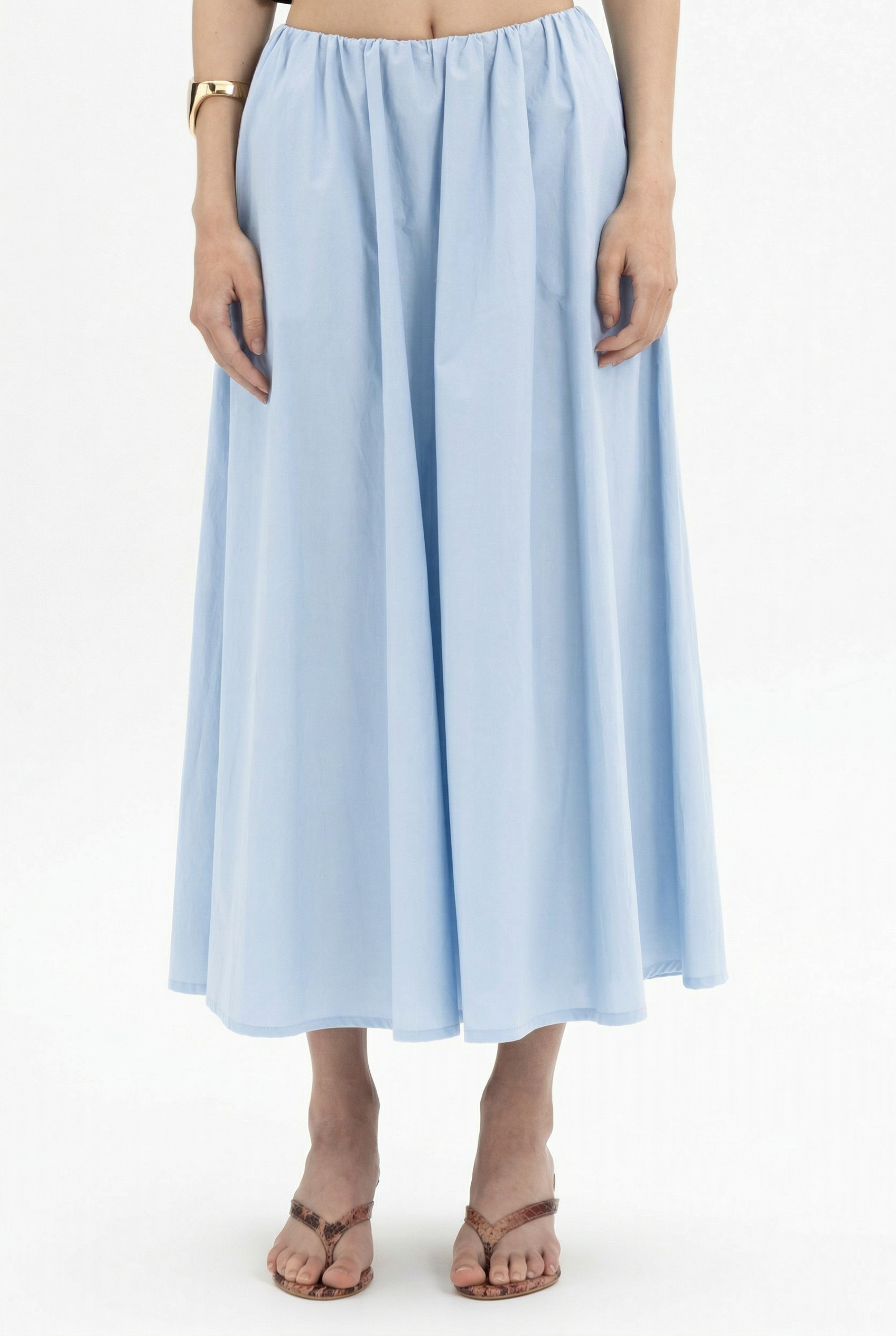 MYT midi skirt with full gathered Nano Banana print, showcasing vibrant colors and flowing fabric design.