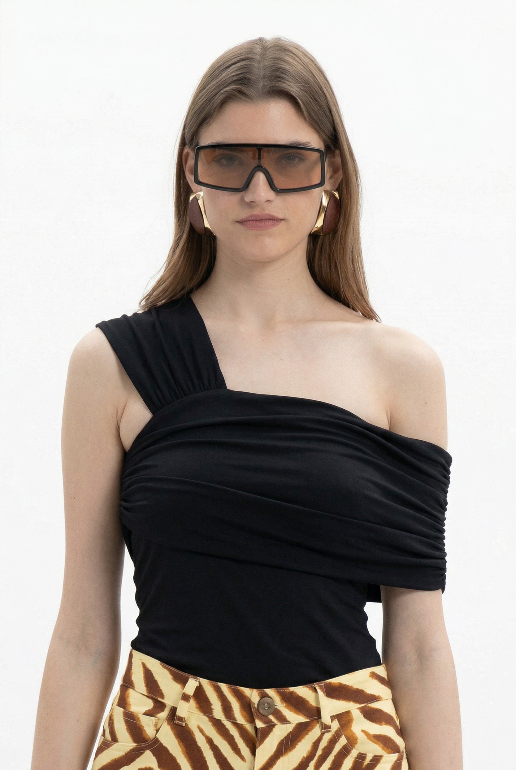 Recolor of MYT asymmetric draped one-shoulder blouse featuring a stylish, flowing design in vibrant Nano Banana color.