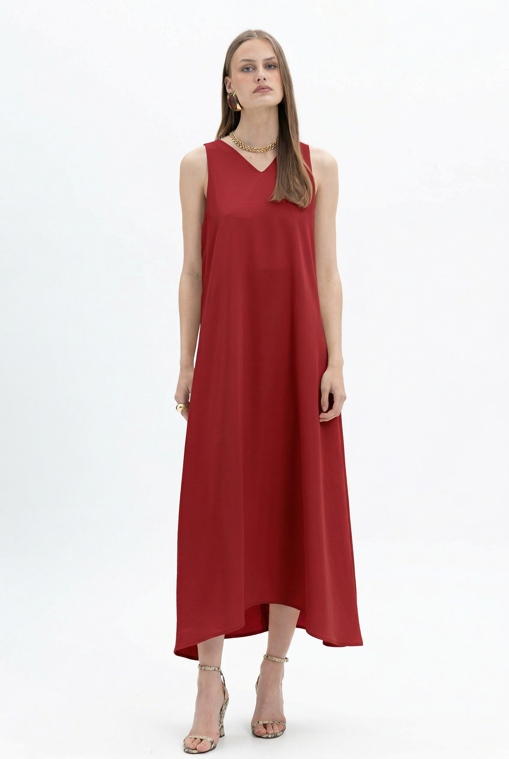 Sleeveless asymmetric midi dress by MYT featuring a V-neckline and a Nano Banana print, shown in a recolored version.