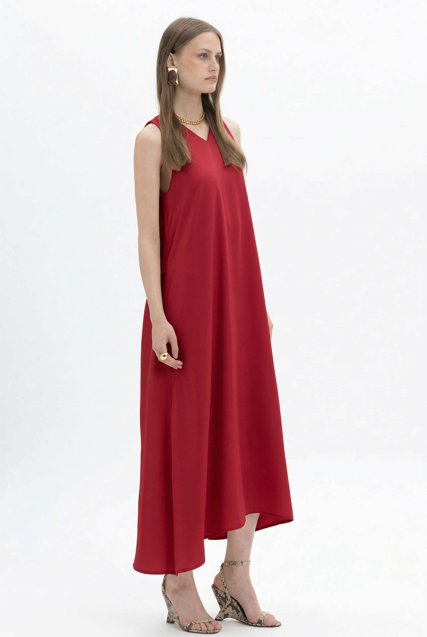 Recolor of MYT asymmetric sleeveless midi dress with V-neck and nano banana print, featuring a stylish, modern design.