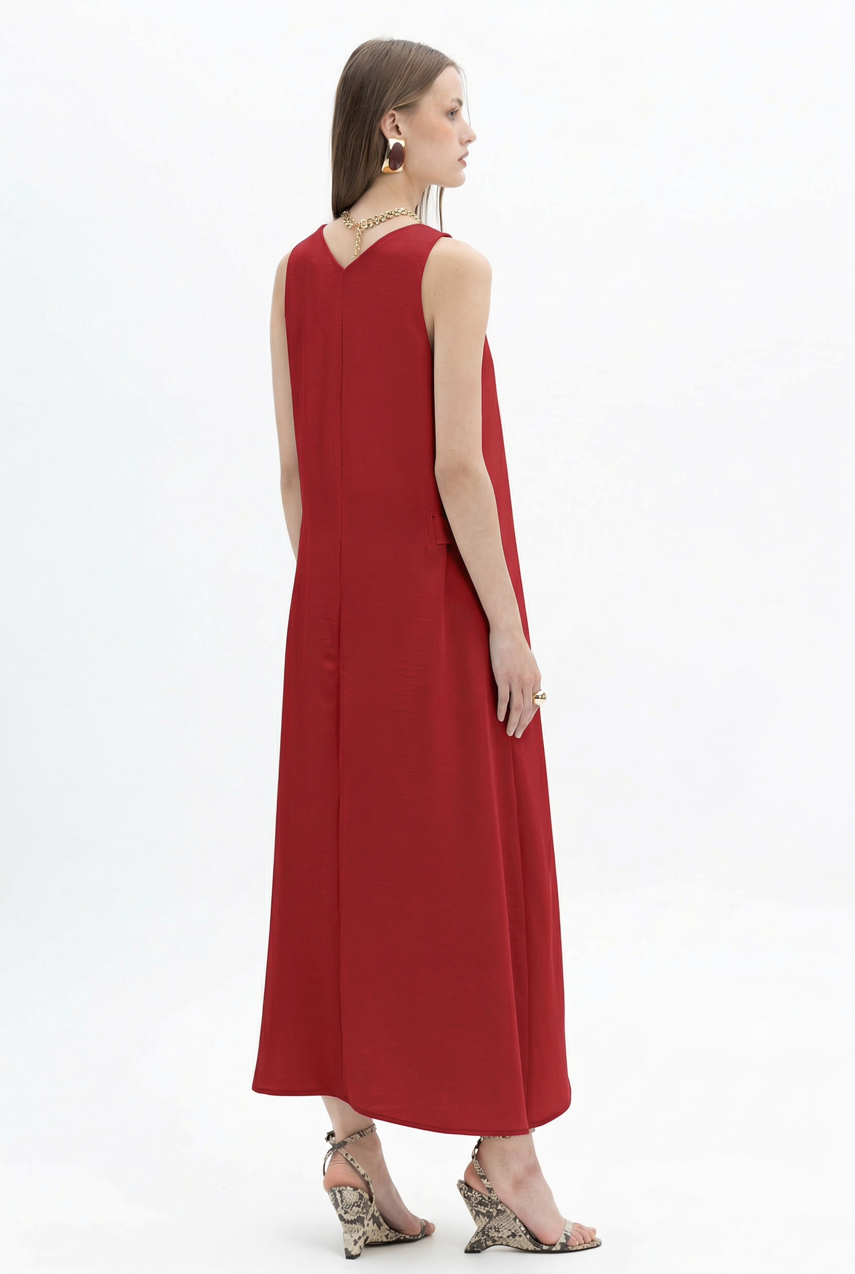 MyT sleeveless asymmetric midi dress with V-neck in Nano Banana color, featuring a stylish, modern design.