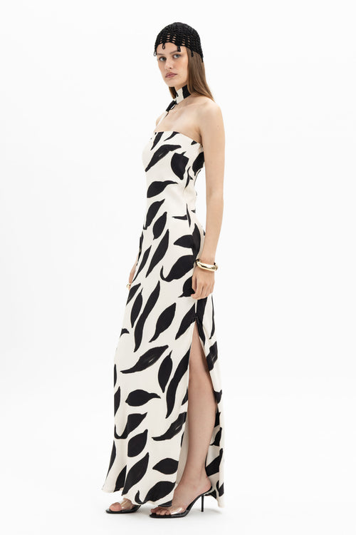 White and black abstract print halter maxi dress by MYT, flowing design with a stylish halter neckline for women.